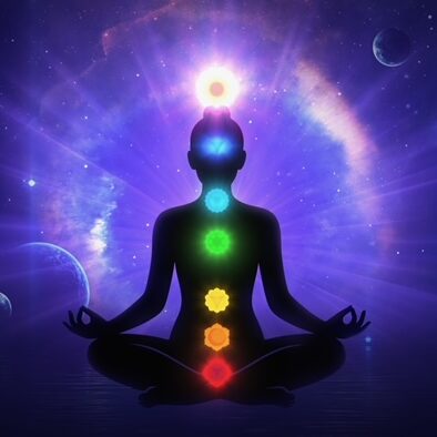 Woman Meditating with Seven Glowing Chakras in Cosmic Space